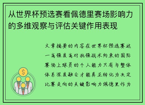 从世界杯预选赛看佩德里赛场影响力的多维观察与评估关键作用表现 从世界杯预选赛看佩德里赛场影响力的多维观察与评估关键作用表现