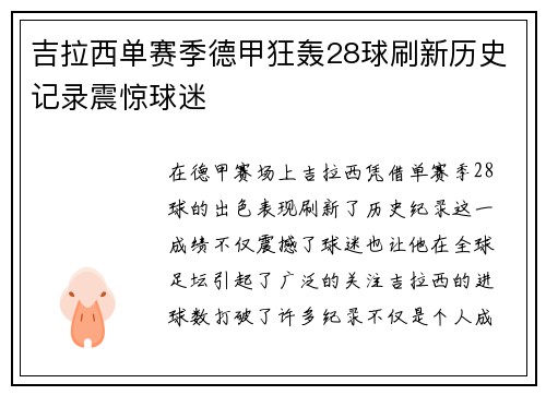 吉拉西单赛季德甲狂轰28球刷新历史记录震惊球迷 吉拉西单赛季德甲狂轰28球刷新历史记录震惊球迷